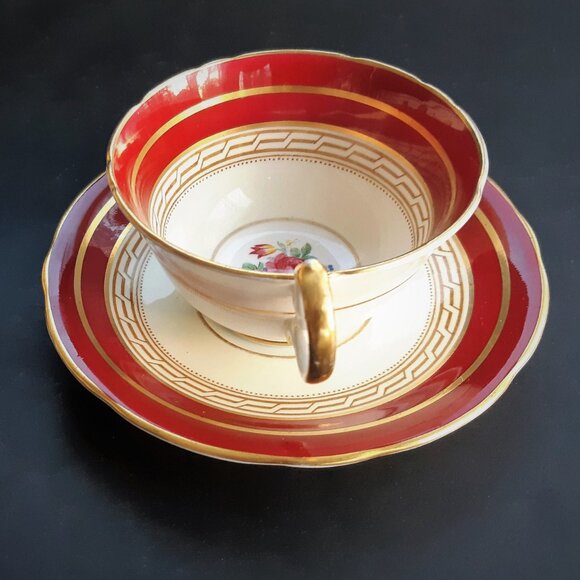 Aynsley Cup & Saucer Set Red Burgundy Floral Gold Trim Doris Shape 1930s England - Picture 6 of 10